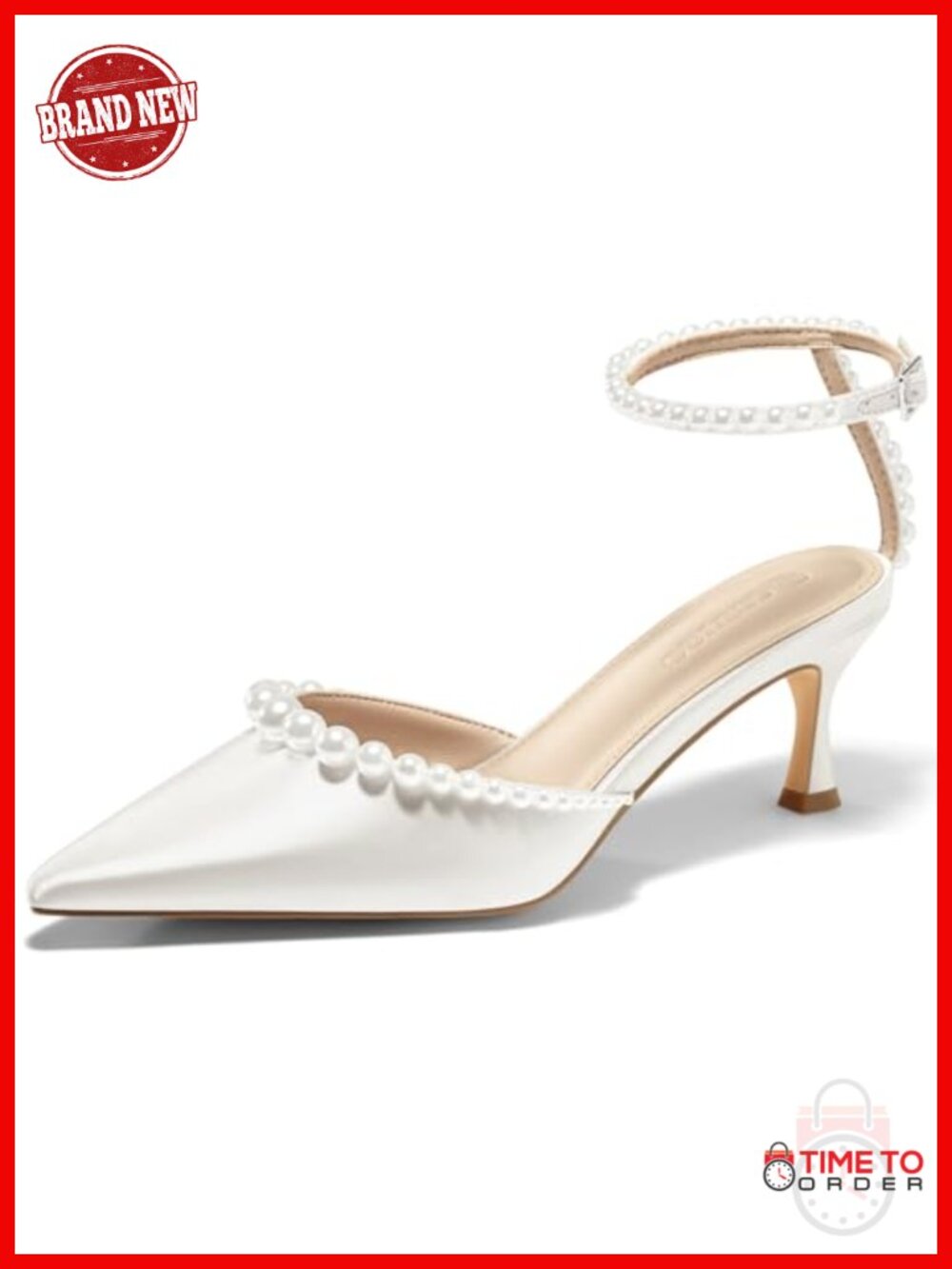 Satin Pearl Kitten Heels Closed Pointed Toe Ankle Strap Dress Pumps for Wedding
